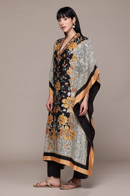 Ritu Kumar Black Cotton, Silk V-neck Mono Floral Kaftan With Pant Co-ord Set at Aza Fashions Ritu Kumar_Black Cotton, Silk V-neck Mono Floral Kaftan With Pant Co-ord Set _at_Aza_Fashions