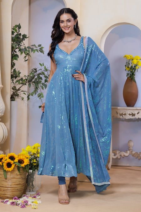 Label Priyanka Kar Teal Georgette Sequins V-neck Blue Anarkali Set