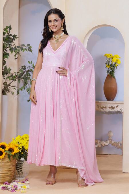 Buy_Label Priyanka Kar_Pink Georgette Sequins V-neck Anarkali Set _Online_at_Aza_Fashions
