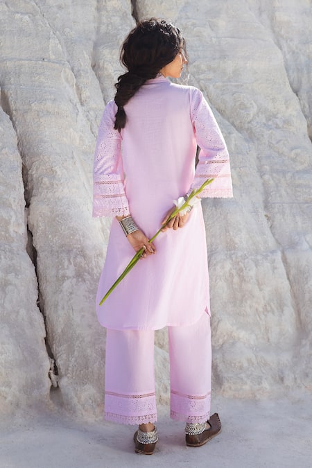 Karaj Jaipur Rose Pink Lace Work Kurta & Pant Set 