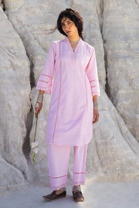KARAJ JAIPUR Rose Pink Lace Work Kurta & Pant Set 