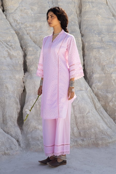 Karaj Jaipur Rose Gold Cotton Lace Split V-neck Pink Work Kurta And Pant Set Online at Aza Fashions Karaj Jaipur_Rose Gold Cotton Lace Split V-neck Pink Work Kurta And Pant Set _Online_at_Aza_Fashions