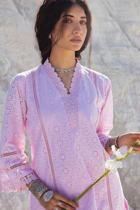 Buy Karaj Jaipur Rose Gold Cotton Lace Split V-neck Pink Work Kurta And Pant Set Online at Aza Fashions Buy_Karaj Jaipur_Rose Gold Cotton Lace Split V-neck Pink Work Kurta And Pant Set _Online_at_Aza_Fashions