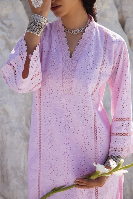 Shop Karaj Jaipur Rose Gold Cotton Lace Split V-neck Pink Work Kurta And Pant Set Online at Aza Fashions Shop_Karaj Jaipur_Rose Gold Cotton Lace Split V-neck Pink Work Kurta And Pant Set _Online_at_Aza_Fashions