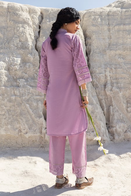 Karaj Jaipur Purple Lace Work Kurta & Pant Set 