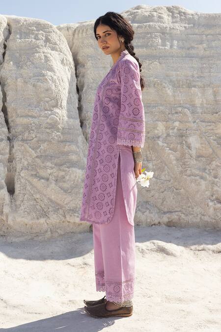 Buy Karaj Jaipur Purple Cotton Lace V-neck Work Kurta And Pant Set Online at Aza Fashions Buy_Karaj Jaipur_Purple Cotton Lace V-neck Work Kurta And Pant Set _Online_at_Aza_Fashions