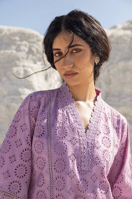 Shop Karaj Jaipur Purple Cotton Lace V-neck Work Kurta And Pant Set Online at Aza Fashions Shop_Karaj Jaipur_Purple Cotton Lace V-neck Work Kurta And Pant Set _Online_at_Aza_Fashions
