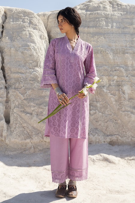 Karaj Jaipur Purple Cotton Lace V-neck Work Kurta And Pant Set 