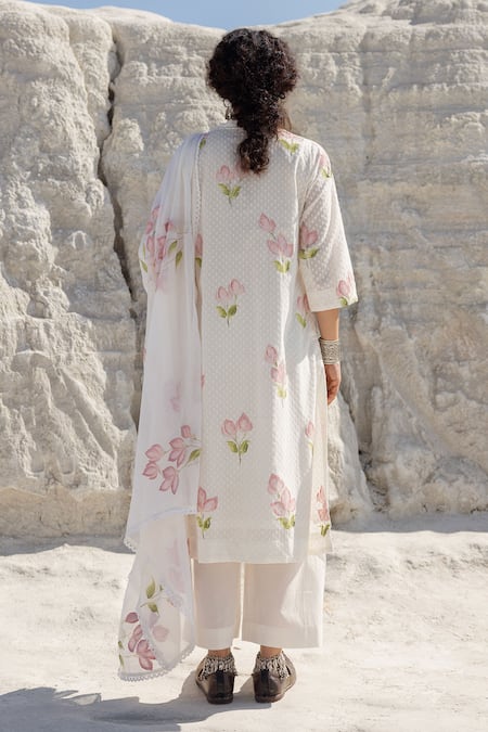 Karaj Jaipur Hand Painted White Kurta Pant Set