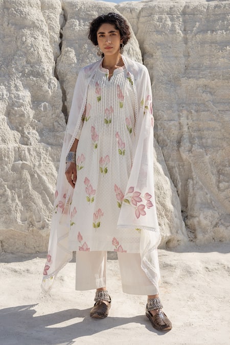 Karaj Jaipur White Cotton, Kota Doria Mandarin Collar Hand Painted Kurta Pant Set 