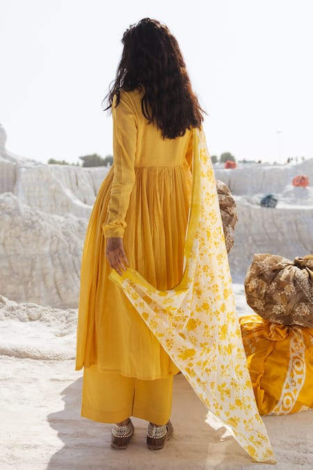 Karaj Jaipur Lemon Yellow Anarkali Set With Dupatta 