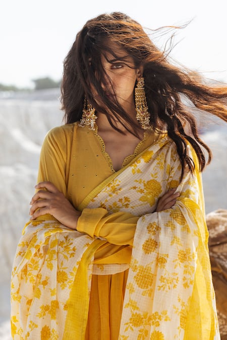 Karaj Jaipur_Lavender Cotton, Kota Doria Mirrors Lemon Yellow Anarkali Set With Dupatta _Online_at_Aza_Fashions