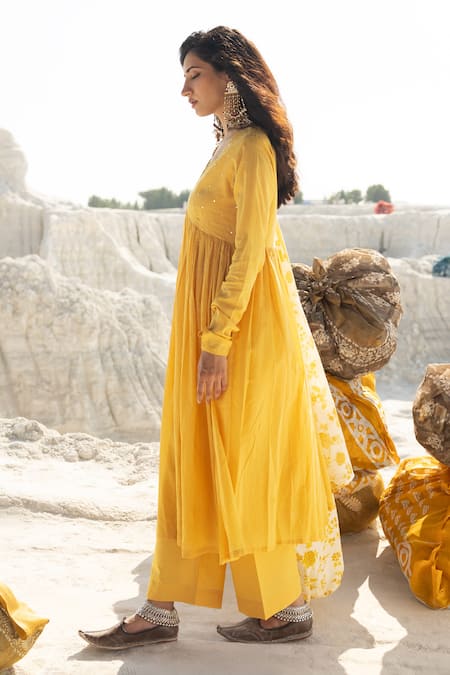Buy_Karaj Jaipur_Lavender Cotton, Kota Doria Mirrors Lemon Yellow Anarkali Set With Dupatta _Online_at_Aza_Fashions