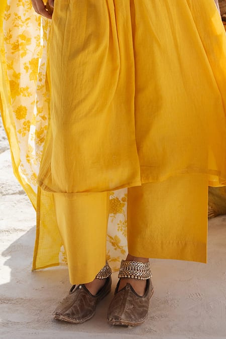 Shop_Karaj Jaipur_Lavender Cotton, Kota Doria Mirrors Lemon Yellow Anarkali Set With Dupatta _Online_at_Aza_Fashions