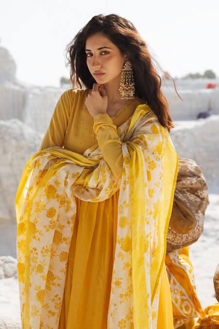 Karaj Jaipur_Lavender Cotton, Kota Doria Mirrors Lemon Yellow Anarkali Set With Dupatta _at_Aza_Fashions