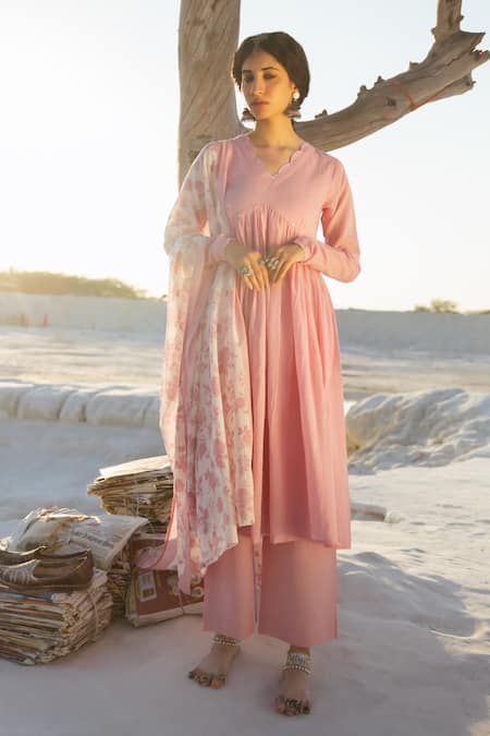 KARAJ JAIPUR Onion Pink Mirror Work Anarkali Set 
