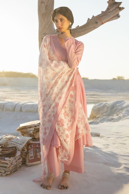 Karaj Jaipur Onion Pink Mirror Work Anarkali Set