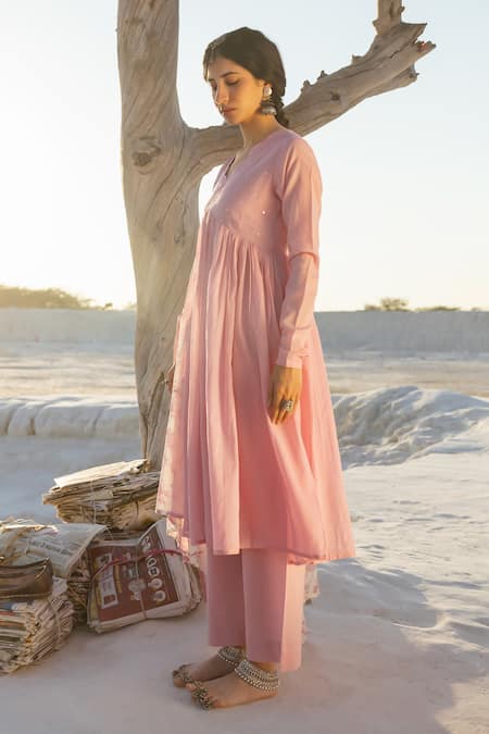 Shop Karaj Jaipur Pink Cotton, Kota Doria Mirrors Split V-neck Onion Work Anarkali Set Online at Aza Fashions Shop_Karaj Jaipur_Pink Cotton, Kota Doria Mirrors Split V-neck Onion Work Anarkali Set _Online_at_Aza_Fashions