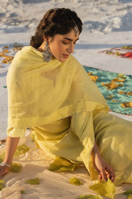 Karaj Jaipur Lavender Kota Doria, Cotton Sequins Lime Green Work Kurta Set Online at Aza Fashions Karaj Jaipur_Lavender Kota Doria, Cotton Sequins Lime Green Work Kurta Set _Online_at_Aza_Fashions