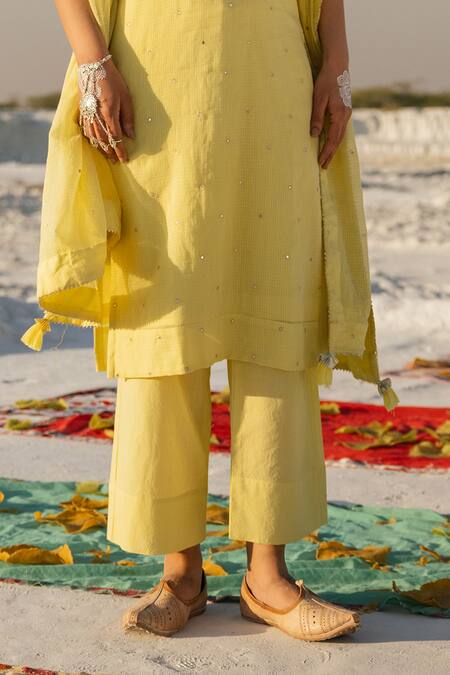 Shop Karaj Jaipur Lavender Kota Doria, Cotton Sequins Lime Green Work Kurta Set Online at Aza Fashions Shop_Karaj Jaipur_Lavender Kota Doria, Cotton Sequins Lime Green Work Kurta Set _Online_at_Aza_Fashions