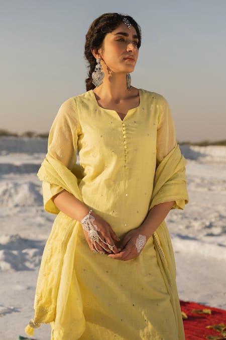 Karaj Jaipur Lavender Kota Doria, Cotton Sequins Lime Green Work Kurta Set at Aza Fashions Karaj Jaipur_Lavender Kota Doria, Cotton Sequins Lime Green Work Kurta Set _at_Aza_Fashions