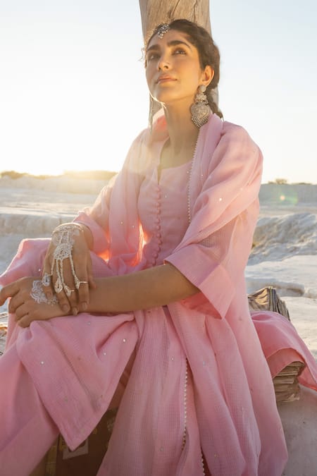 Buy Karaj Jaipur Pink Kota Doria, Cotton Sequins Round Neck Rose Work Kurta Set Online at Aza Fashions Buy_Karaj Jaipur_Pink Kota Doria, Cotton Sequins Round Neck Rose Work Kurta Set _Online_at_Aza_Fashions