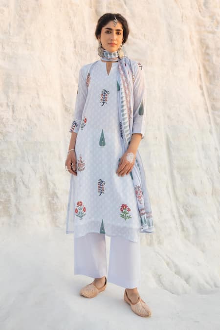 Karaj Jaipur Blue Kota Doria, Cotton Patti, Mirrors Keyhole Powder Kurta Pant Set 