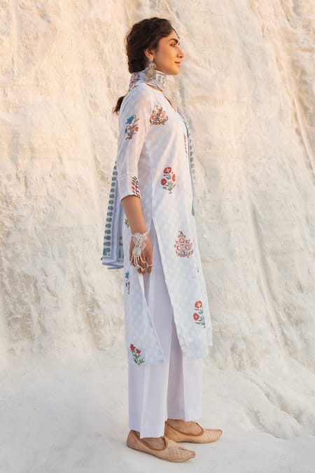 Shop Karaj Jaipur Blue Kota Doria, Cotton Patti, Mirrors Keyhole Powder Kurta Pant Set Online at Aza Fashions Shop_Karaj Jaipur_Blue Kota Doria, Cotton Patti, Mirrors Keyhole Powder Kurta Pant Set _Online_at_Aza_Fashions