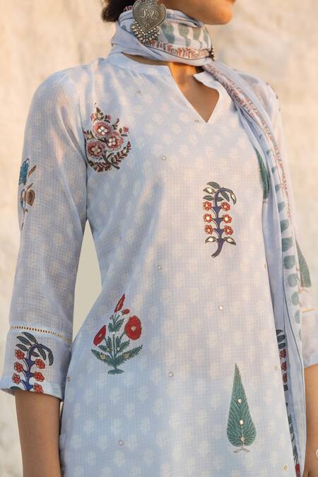 Karaj Jaipur Blue Kota Doria, Cotton Patti, Mirrors Keyhole Powder Kurta Pant Set at Aza Fashions Karaj Jaipur_Blue Kota Doria, Cotton Patti, Mirrors Keyhole Powder Kurta Pant Set _at_Aza_Fashions