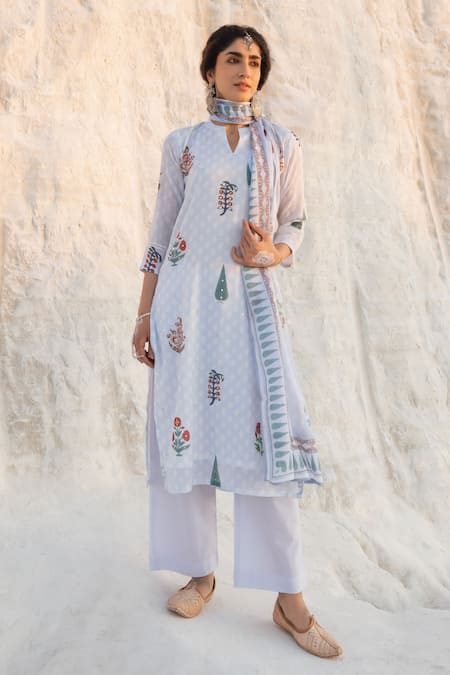 Buy Karaj Jaipur Blue Kota Doria, Cotton Patti, Mirrors Keyhole Powder Kurta Pant Set Buy_Karaj Jaipur_Blue Kota Doria, Cotton Patti, Mirrors Keyhole Powder Kurta Pant Set