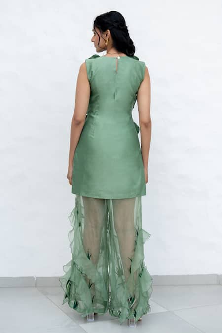 Shop Chambray & CO. Green Silk, Organza Embroidery Round Neck Sage Floral Kurta Set at Aza Fashions Shop_Chambray & CO._Green Silk, Organza Embroidery Round Neck Sage Floral Kurta Set _at_Aza_Fashions