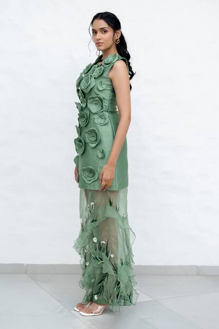 Chambray & CO. Green Silk, Organza Embroidery Round Neck Sage Floral Kurta Set Online at Aza Fashions Chambray & CO._Green Silk, Organza Embroidery Round Neck Sage Floral Kurta Set _Online_at_Aza_Fashions