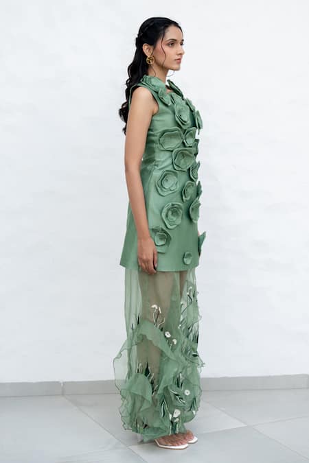 Buy Chambray & CO. Green Silk, Organza Embroidery Round Neck Sage Floral Kurta Set Online at Aza Fashions Buy_Chambray & CO._Green Silk, Organza Embroidery Round Neck Sage Floral Kurta Set _Online_at_Aza_Fashions