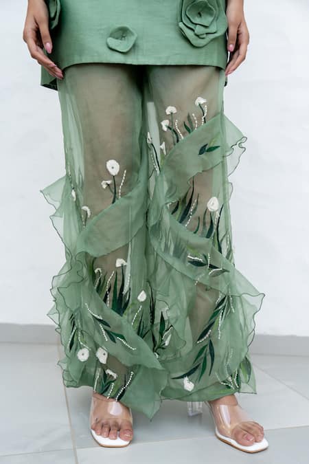 Shop Chambray & CO. Green Silk, Organza Embroidery Round Neck Sage Floral Kurta Set Online at Aza Fashions Shop_Chambray & CO._Green Silk, Organza Embroidery Round Neck Sage Floral Kurta Set _Online_at_Aza_Fashions