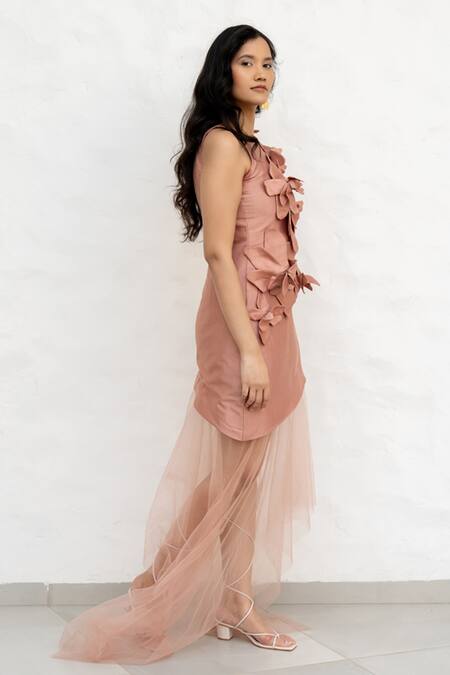 Chambray & CO. Pink Silk, Net Fabric Flowers Round Neck Hand Embroidered Dress Online at Aza Fashions Chambray & CO._Pink Silk, Net Fabric Flowers Round Neck Hand Embroidered Dress _Online_at_Aza_Fashions