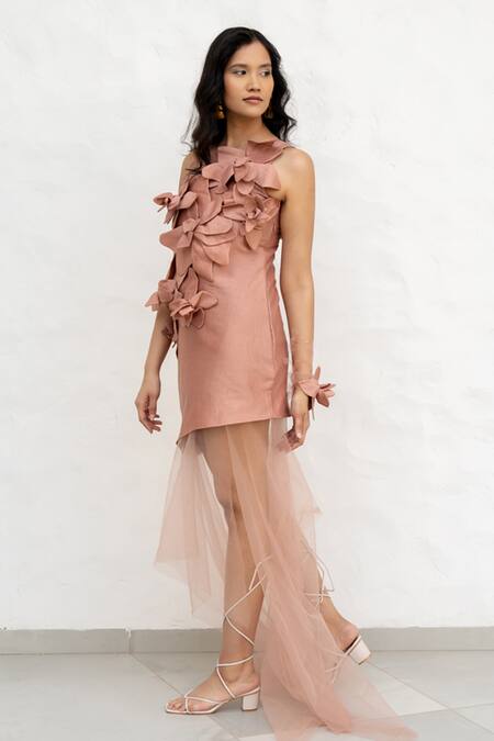 Buy Chambray & CO. Pink Silk, Net Fabric Flowers Round Neck Hand Embroidered Dress Online at Aza Fashions Buy_Chambray & CO._Pink Silk, Net Fabric Flowers Round Neck Hand Embroidered Dress _Online_at_Aza_Fashions