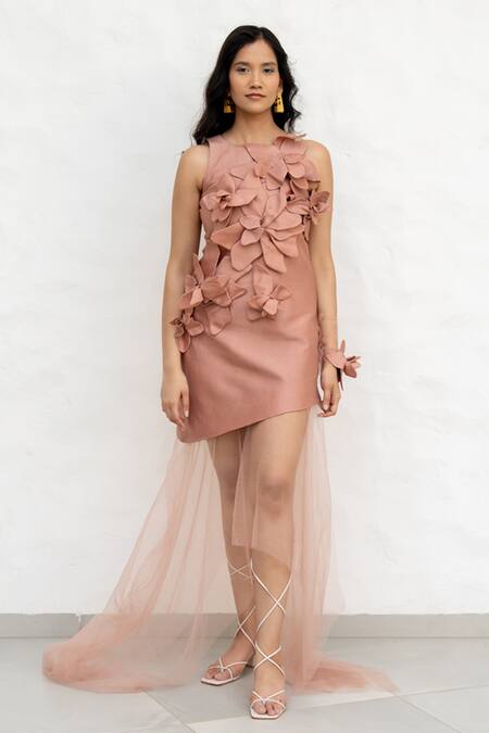 Shop Chambray & CO. Pink Silk, Net Fabric Flowers Round Neck Hand Embroidered Dress Online at Aza Fashions Shop_Chambray & CO._Pink Silk, Net Fabric Flowers Round Neck Hand Embroidered Dress _Online_at_Aza_Fashions