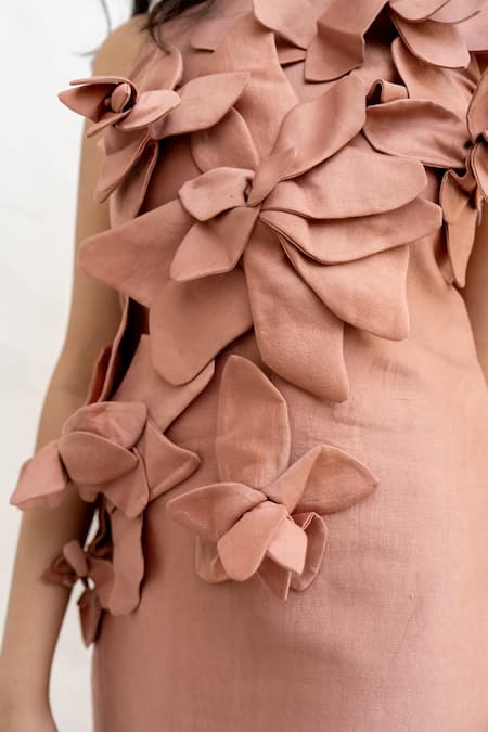 Shop Chambray & CO. Pink Silk, Net Fabric Flowers Round Neck Hand Embroidered Dress Shop_Chambray & CO._Pink Silk, Net Fabric Flowers Round Neck Hand Embroidered Dress