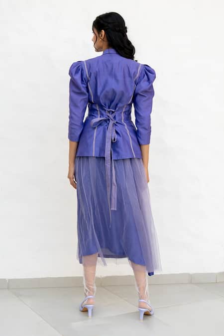 Shop Chambray & CO. Purple Chanderi Silk, Silk, Net Embroidery V-neck Jacket And Skirt Set at Aza Fashions Shop_Chambray & CO._Purple Chanderi Silk, Silk, Net Embroidery V-neck Jacket And Skirt Set _at_Aza_Fashions