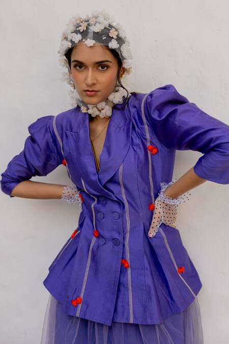 Chambray & CO. Purple Chanderi Silk, Silk, Net Embroidery V-neck Jacket And Skirt Set at Aza Fashions Chambray & CO._Purple Chanderi Silk, Silk, Net Embroidery V-neck Jacket And Skirt Set _at_Aza_Fashions