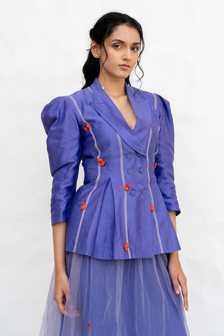 Buy Chambray & CO. Purple Chanderi Silk, Silk, Net Embroidery V-neck Jacket And Skirt Set Buy_Chambray & CO._Purple Chanderi Silk, Silk, Net Embroidery V-neck Jacket And Skirt Set