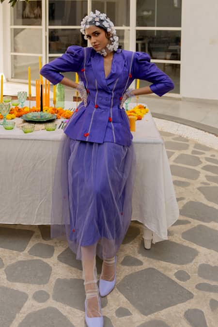 Chambray & CO. Purple Chanderi Silk, Silk, Net Embroidery V-neck Jacket And Skirt Set 