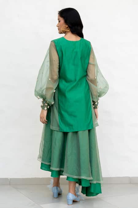 Shop Chambray & CO. Green Chanderi Silk, Organza Embroidery V-neck Hand Skirt Set at Aza Fashions Shop_Chambray & CO._Green Chanderi Silk, Organza Embroidery V-neck Hand Skirt Set _at_Aza_Fashions