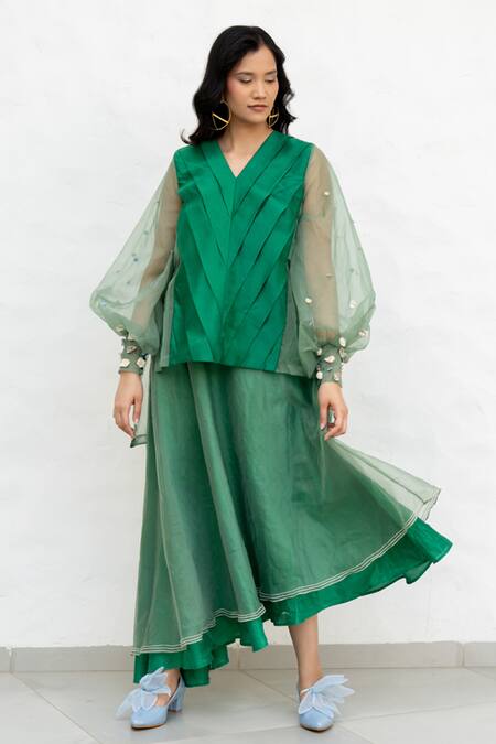 Chambray & CO. Green Chanderi Silk, Organza Embroidery V-neck Hand Skirt Set Online at Aza Fashions Chambray & CO._Green Chanderi Silk, Organza Embroidery V-neck Hand Skirt Set _Online_at_Aza_Fashions