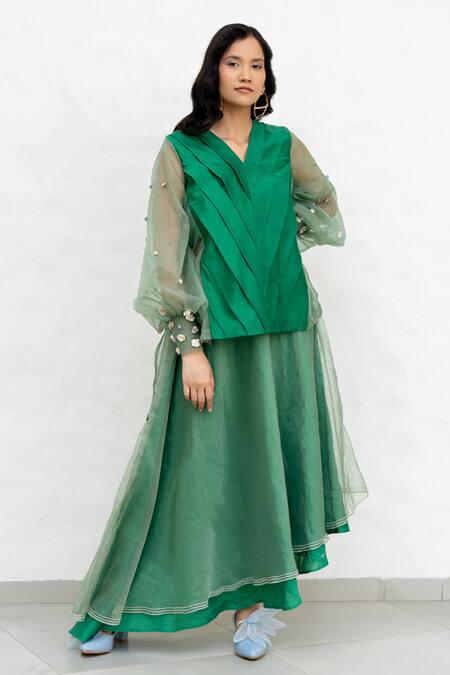 Buy Chambray & CO. Green Chanderi Silk, Organza Embroidery V-neck Hand Skirt Set Online at Aza Fashions Buy_Chambray & CO._Green Chanderi Silk, Organza Embroidery V-neck Hand Skirt Set _Online_at_Aza_Fashions