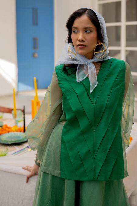 Shop Chambray & CO. Green Chanderi Silk, Organza Embroidery V-neck Hand Skirt Set Online at Aza Fashions Shop_Chambray & CO._Green Chanderi Silk, Organza Embroidery V-neck Hand Skirt Set _Online_at_Aza_Fashions