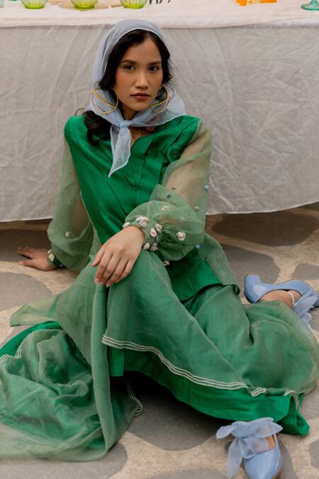 Chambray & CO. Green Chanderi Silk, Organza Embroidery V-neck Hand Skirt Set at Aza Fashions Chambray & CO._Green Chanderi Silk, Organza Embroidery V-neck Hand Skirt Set _at_Aza_Fashions