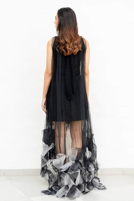 Shop Chambray & CO. Black Net, Chanderi Silk Fabric Flowers Round Hand Embroidered Designer Dress at Aza Fashions Shop_Chambray & CO._Black Net, Chanderi Silk Fabric Flowers Round Hand Embroidered Designer Dress _at_Aza_Fashions