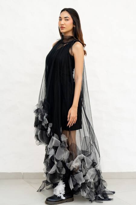 Buy Chambray & CO. Black Net, Chanderi Silk Fabric Flowers Round Hand Embroidered Designer Dress Online at Aza Fashions Buy_Chambray & CO._Black Net, Chanderi Silk Fabric Flowers Round Hand Embroidered Designer Dress _Online_at_Aza_Fashions