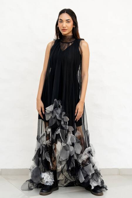 Shop Chambray & CO. Black Net, Chanderi Silk Fabric Flowers Round Hand Embroidered Designer Dress Online at Aza Fashions Shop_Chambray & CO._Black Net, Chanderi Silk Fabric Flowers Round Hand Embroidered Designer Dress _Online_at_Aza_Fashions